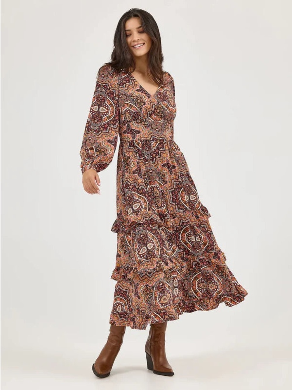 Women's Boho Tiered Maxi Dress in Rust Print